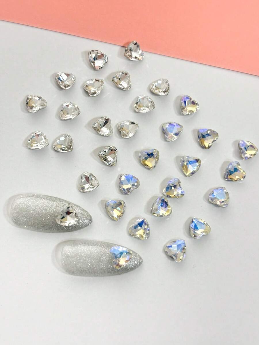 15-30 piezas Decoraciones para uñas con forma de corazón de vidrio transparente y brillante, clavos asimétricos holográficos AB, adornos de uñas lindos para manicura de verano DIY, populares en Japón y Corea