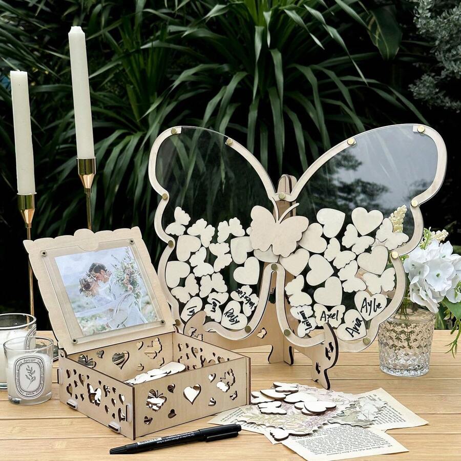 2025Hot SaleOurWarm Wedding Guest Book, Wooden Wedding Decor Guest Book With 50 Hearts, 50 Butterflies, Marker Pen, Wedding Decorations Reception Wedding Signs Anniversary, Ceremony