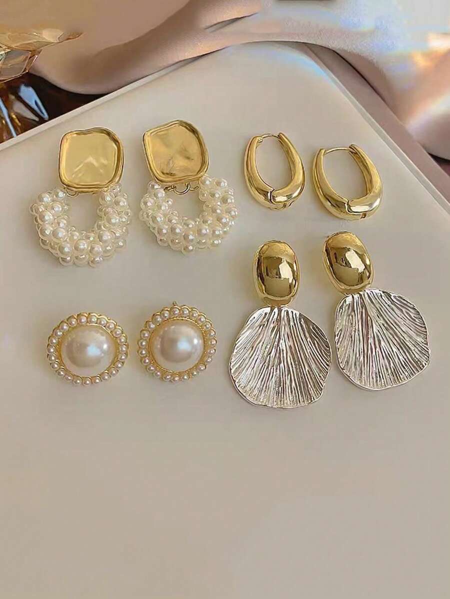4 peças Conjunto de Brincos Elegantes e Chiques, Estilo Francês Minimalista, Formas Redonda e Oval Geométricas, Retro, Moda, Pérola Falsa, Versátil, Conjunto de Joias de Brincos de Luxo, Adequado para Uso Diário e Festividades Femininas