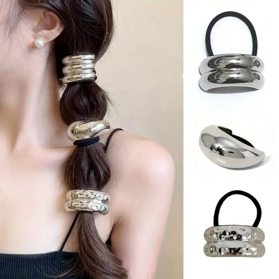 3 Stück elegante silber-graue Metall Haargummis, glitzernde metallische Haargummis, einfarbige Haargummis, perfektes Geschenk zum Valentinstag, Haargummi, Haarband, Haaraccessoires, Haargummis für den Zopf, Haargummis, Haarreife