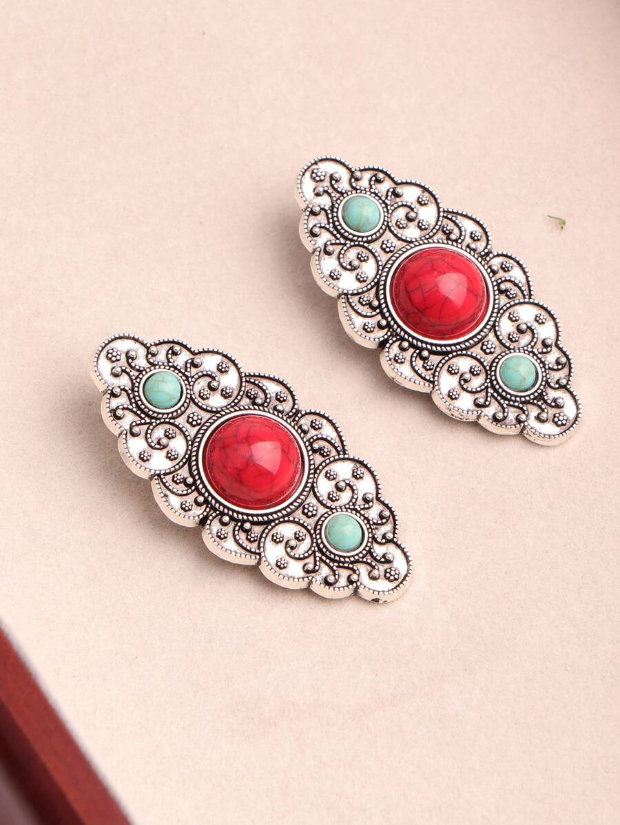 1pc Oval Agate Decor Antique Silver Floral Line Design Hair Clip For Women, Suitable For Bangs Hairstyling On Various Occasions