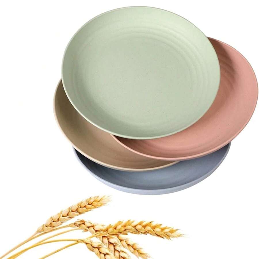 LMETJMA 4Pcs Lightweight Wheat Straw Plates Unbreakable Reusable Dinner Dishes Plates Set Dishwash & Microwave Safe JT93