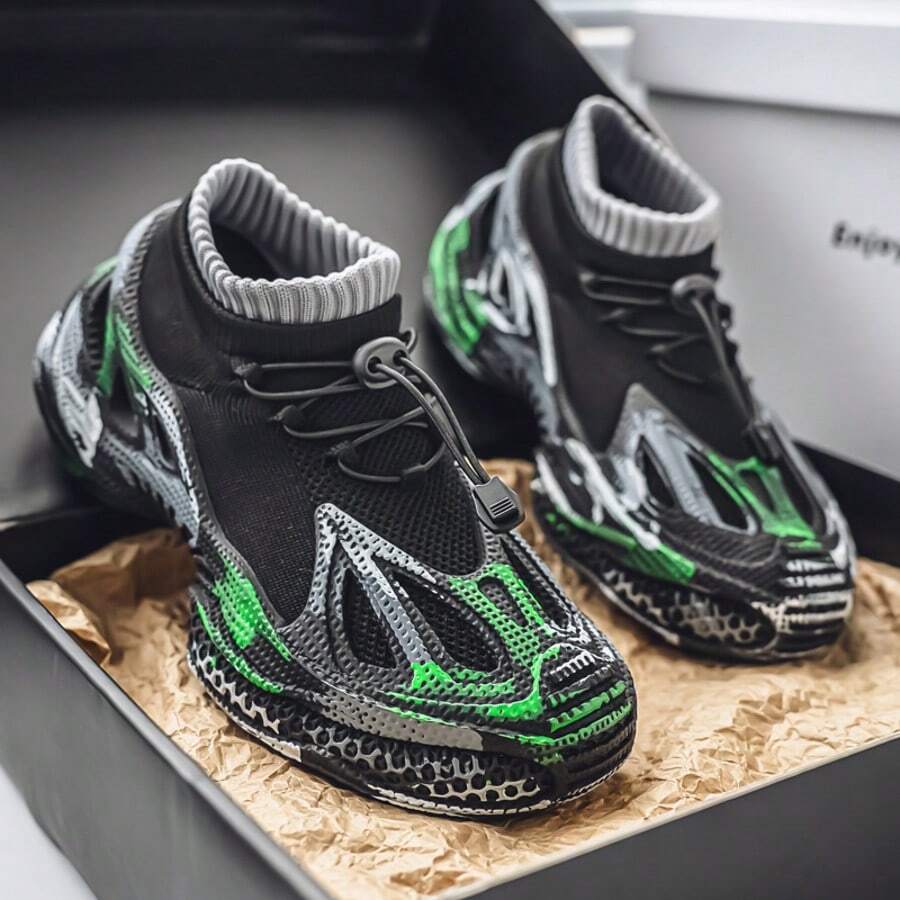Men's Casual Sports Shoes, Fashion New Multi-Color Spray Painting, Versatile Style Knit Socks Sneakers, Suitable For Party, Outdoor Sports, Street Snap, Thick Sole Breathable Mesh Low-Top Anti-Slip Work Safety Shoes For Men