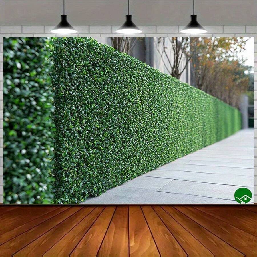 2D-Banner - 1 Stück gefälschter grüner Baumzaun Hintergrund mit Bäumen und Betonweg, hergestellt aus realistischem Polyesterstoff, geeignet für Geburtstagsfeiern, Outdoor-Feiern, Festivals - keine Stromversorgung nötig, einfache Installation, Partydekoration, natürliches Aussehen, langanhaltend Dekoration