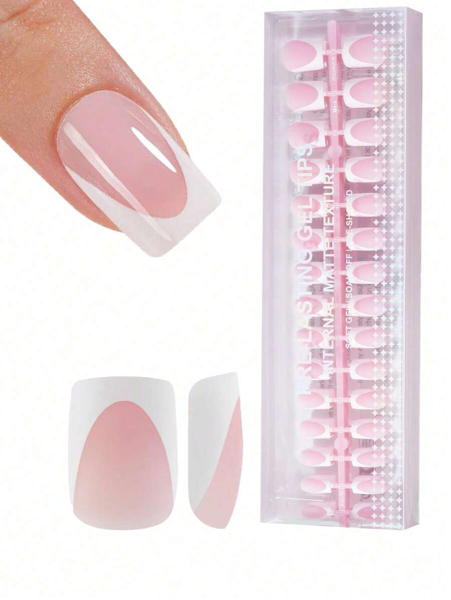 150pcs French Gel Nails - Light Pink Deep French Short Square Press-On Nails, Soft Gel Fake Nails, Acrylic Soak Off Nail Extension Suit For Women And Girls DIY Nail Kit