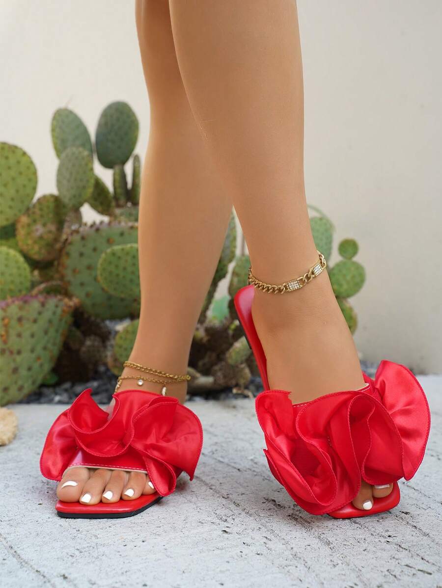 New Women's Red Ruffled Floral Design Beach Flat Sandals, Fashionable Party & Vacation Style, Soft Square Toe Comfortable All Match Flat Slippers