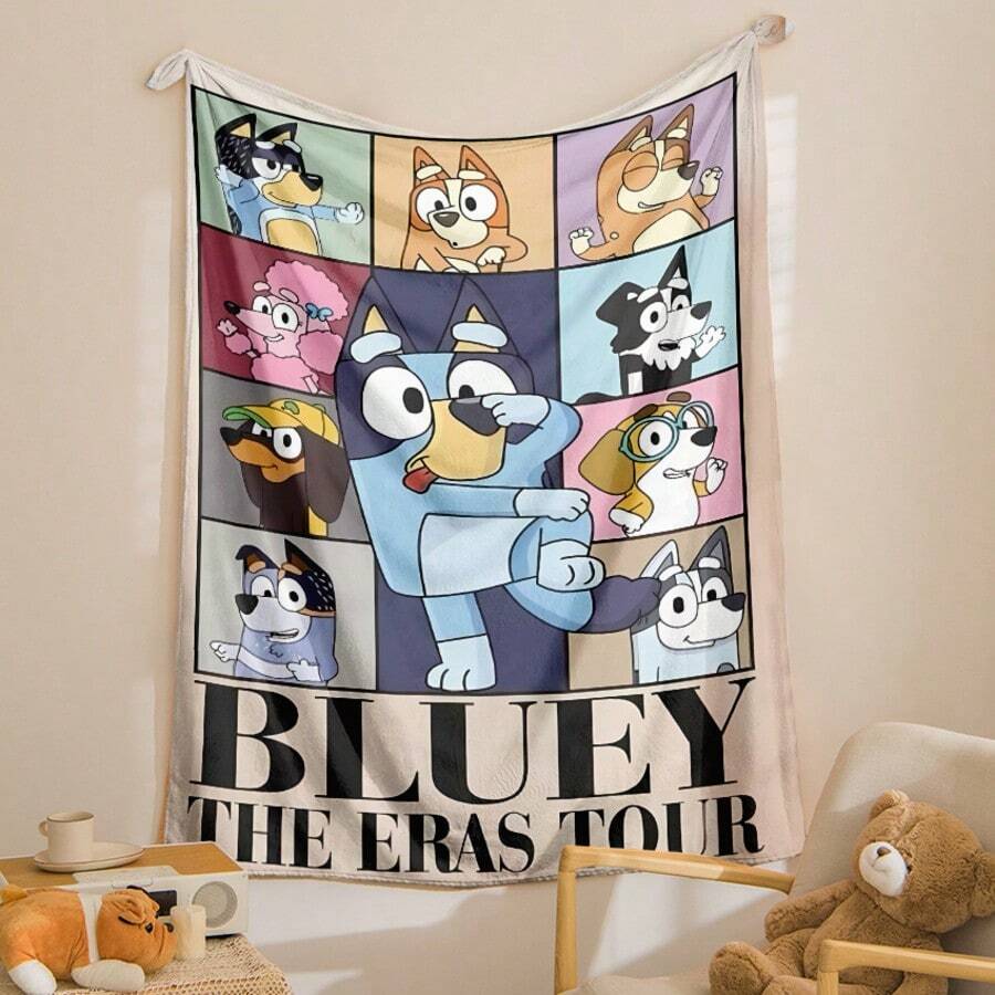Bluey 1pc Bluey Cartoon Puzzles Flannel Blanket, Bluey Plaid Cartoon Pattern Soft Plush Rectangular Throw Blanket, Gentle & Comfortable Throw Blanket, Suitable For Bedroom, Living Room, Leisure Use