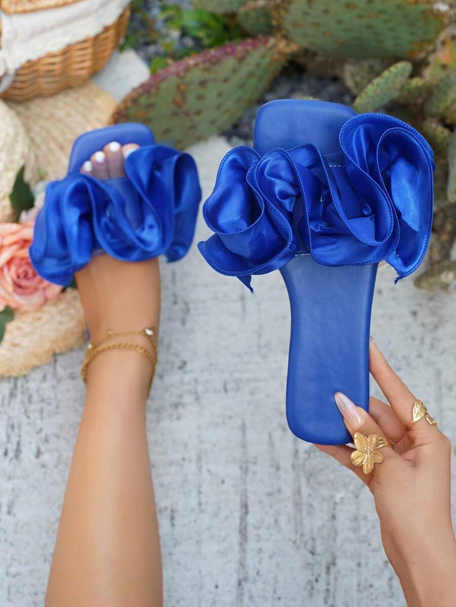 Women's New Blue Spring/Summer Fashion Party & Vacation Pleated Floral Flat Sandals, Comfortable Versatile Square Toe Soft Flat Slippers