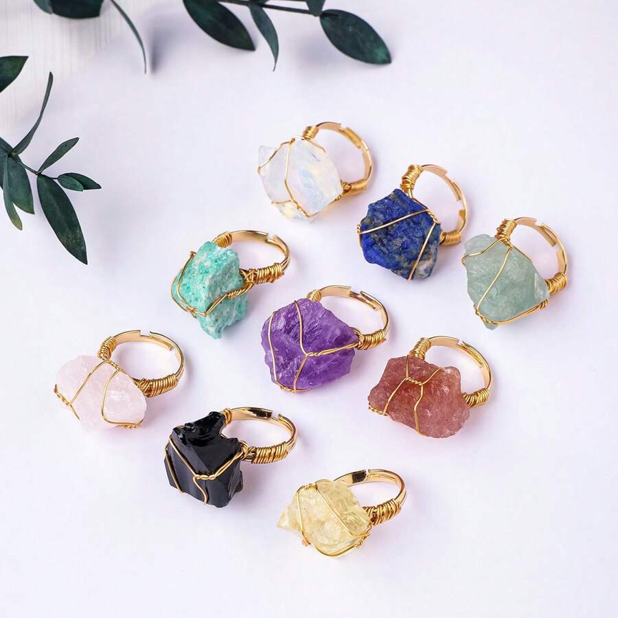 1 pièce Bague en pierre de cristal brut naturel, bande ouverte réglable, bijoux faits main, style vacances élégant, cadeau unique aux textures irrégulières