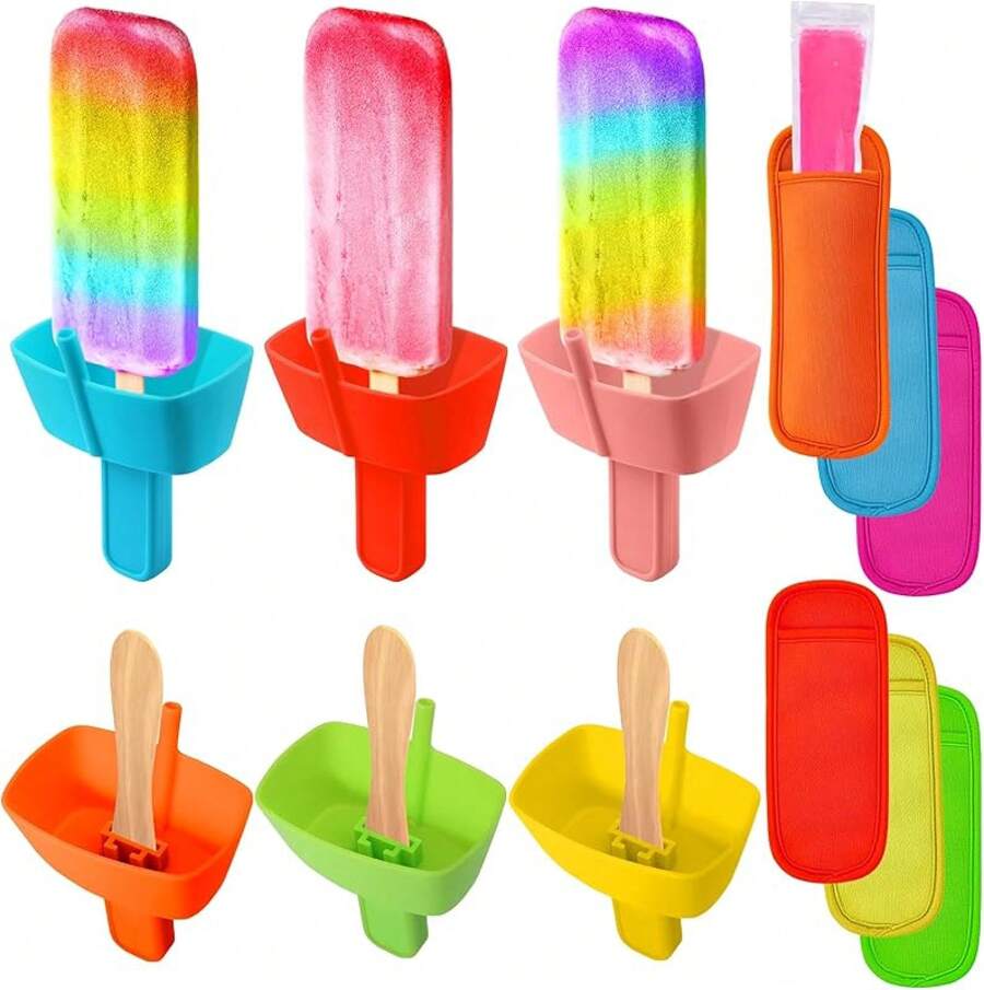Set de 8 piezas de soportes y fundas para paletas heladas, soporte de paletas de silicona con pajita y fundas de neopreno reutilizables para evitar derrames y que las manos se congelen, ideal para niños pequeños