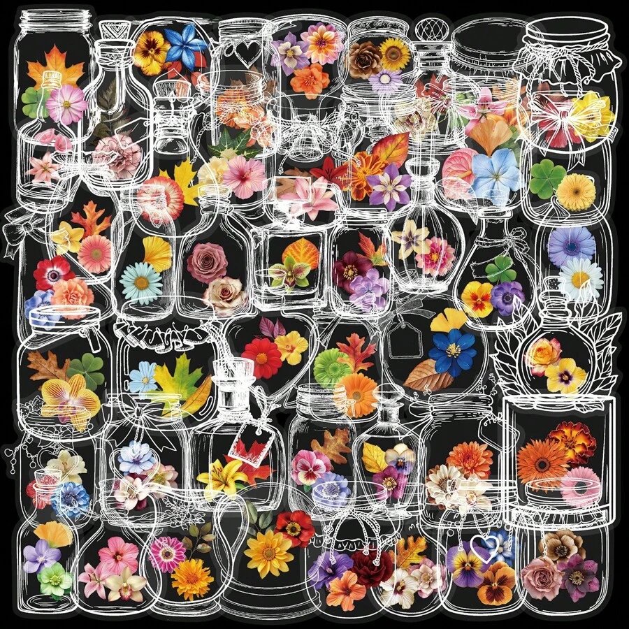 100pcs Transparent Floral Stickers With Vibrant Mason Jar Flower Patterns, Bow Decorations And Asymmetrical Shapes - Durable Plastic Semigloss Surface, Suitable For DIY Crafts, Notebooks, Water Bottles, Phone Cases - Decorative Stickers, Cute Stickers School Supplies, Back To School