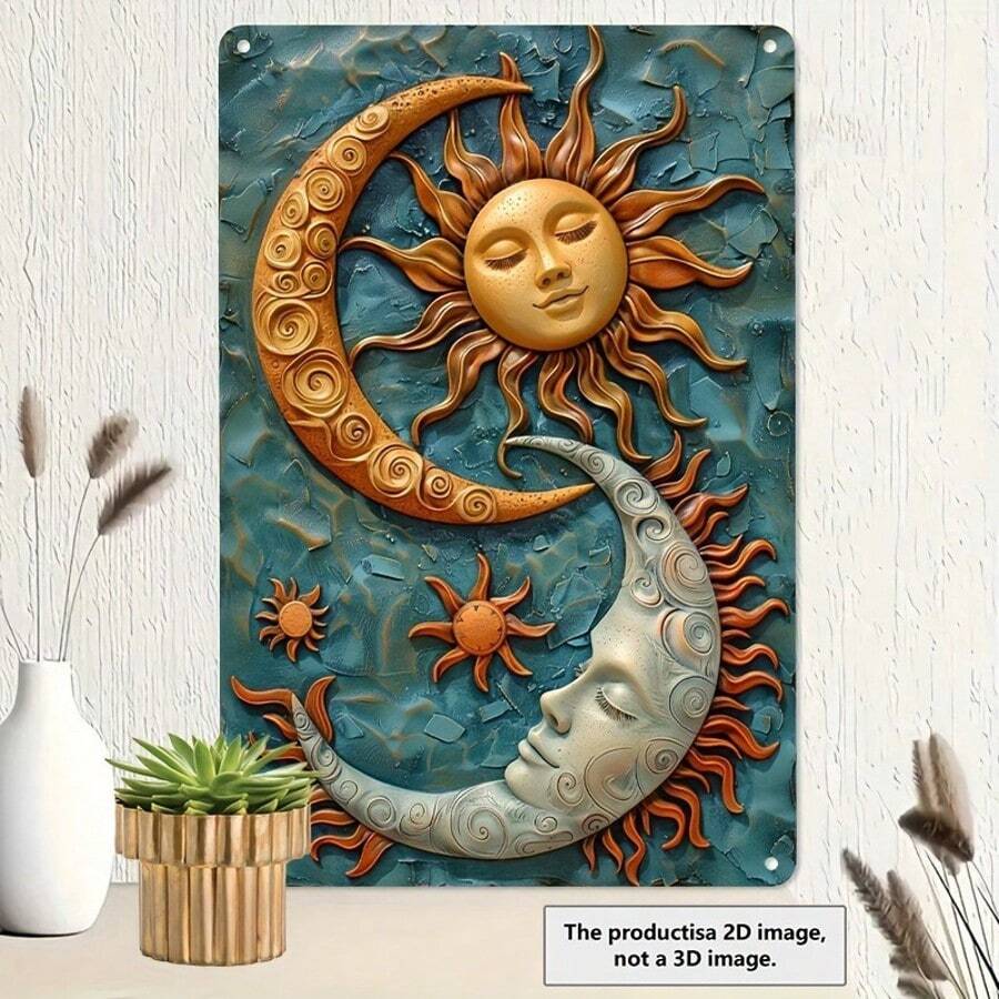 2D-Flachbild, 1 Stück, Sonne und Mond, himmlische Eisenwandkunst – 8x12 Inch Metallschild-Dekor, Retro-Sprühfarben-Stil – für Outdoor, Garten, Männerhöhle, Bar, Club, Garage – Hochwertiges Eisendekorstück mit feinem Muster – perfektes Geschenk für Heimdekor-Enthusiasten