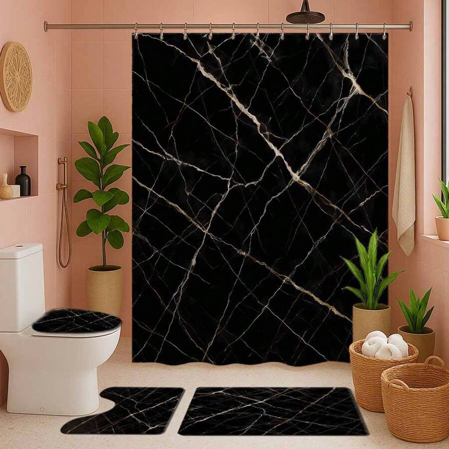 1/4pcs Black Marble Texture Theme Shower Curtain Set, Waterproof Bath Curtain, Bathroom Decor, Fashionable Drape, Window Curtain, Room Divider, No Drilling Required, Polyester, Machine Washable Bathroom Accessories Back To School