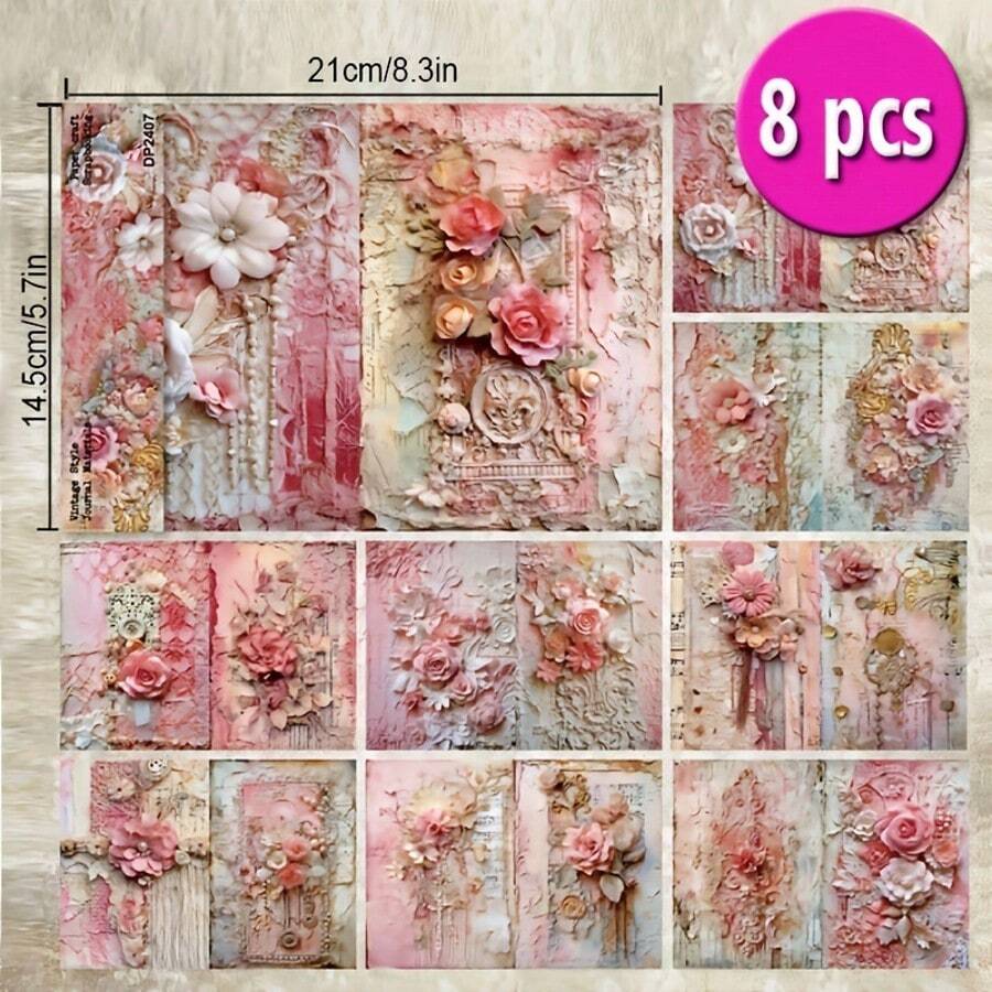 8 Stücke geprägte rosa ästhetische Sammelalbum-Papiere A5 muster beidseitig bedruckt, Sammelalbum Decoupage-Papier-Set für DIY-Basteleien, Journaling, Sammelalbum-Bedarf, Geschenkverpackung, Album-Kunst, dekorativer Bastelpapier 6x6 Zoll