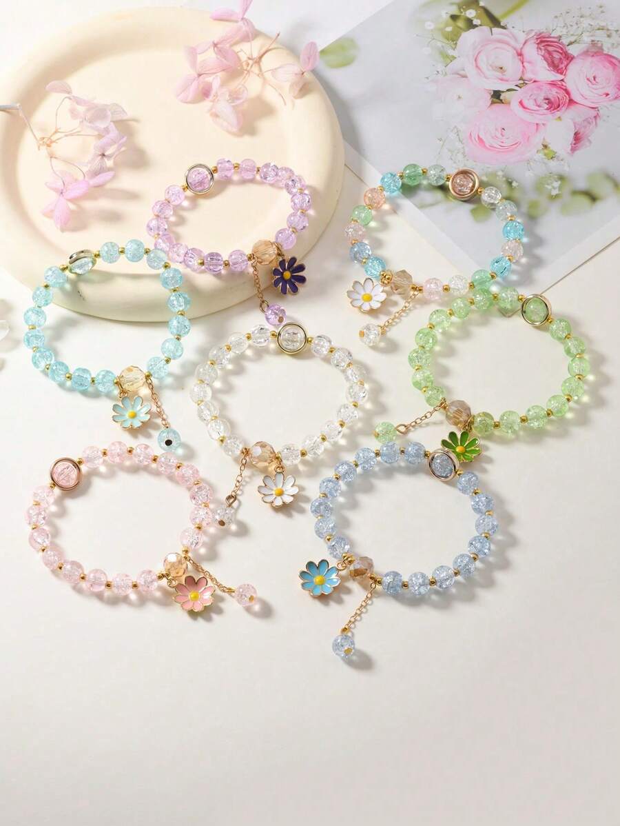 Set de 5 pulseras de aleación de zinc con cuentas de vidrio agrietado, cuentas de vidrio de colores decoradas con pequeños colgantes de margaritas, diseño elegante, gran regalo para mejores amigas, accesorios para volver al colegio