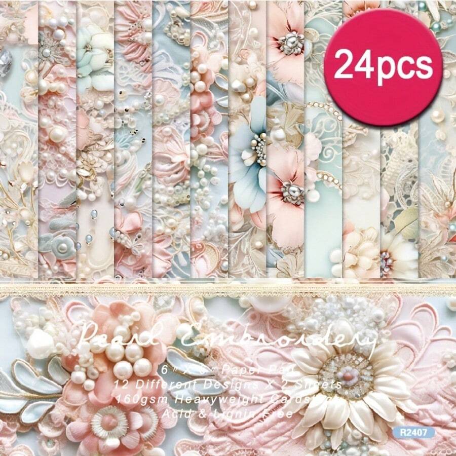 24 Stücke Perlweiß Stickerei Ästhetische Sammelalbum Papiere Wunderlandmuster einseitig bedruckt Sammelalbum Decoupage Papierblock für DIY Handwerke Journaling Sammelalbum Zubehör Geschenkverpackung Album Kunst Dekorative Bastelpapiere 6x6 Inch