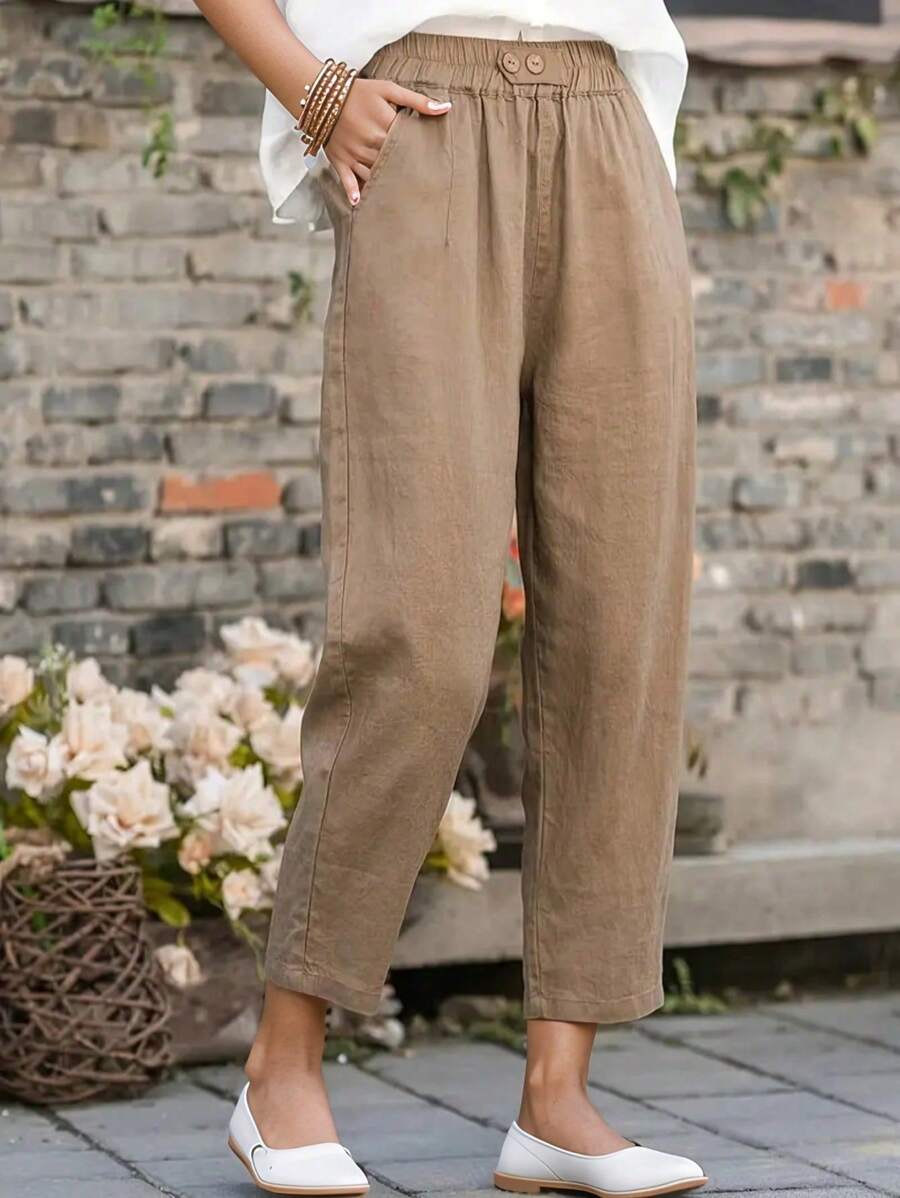 Pantalones/Pantalones capri de lino unicolor cómodos y casuales para mujer, aptos para uso diario, con cintura elástica, botón y bolsillos, para primavera, verano y otoño