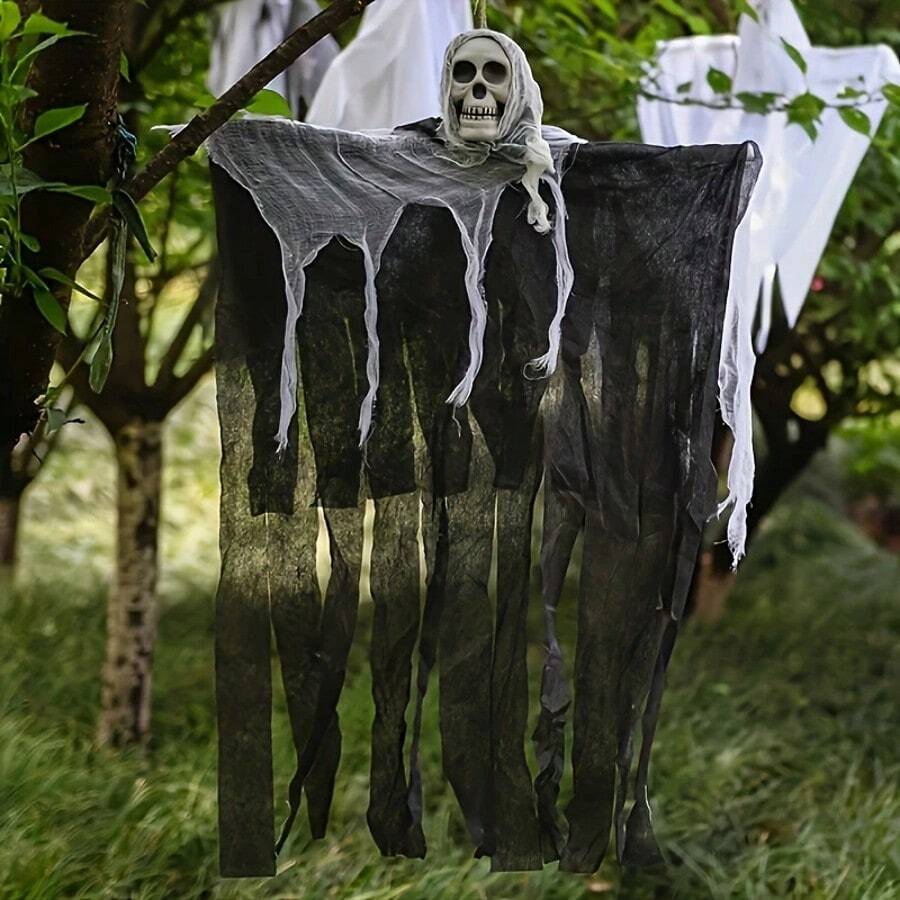 1 pieza Decoración colgante con accesorio de cabeza de calavera de gasa de terror para fiesta de Halloween