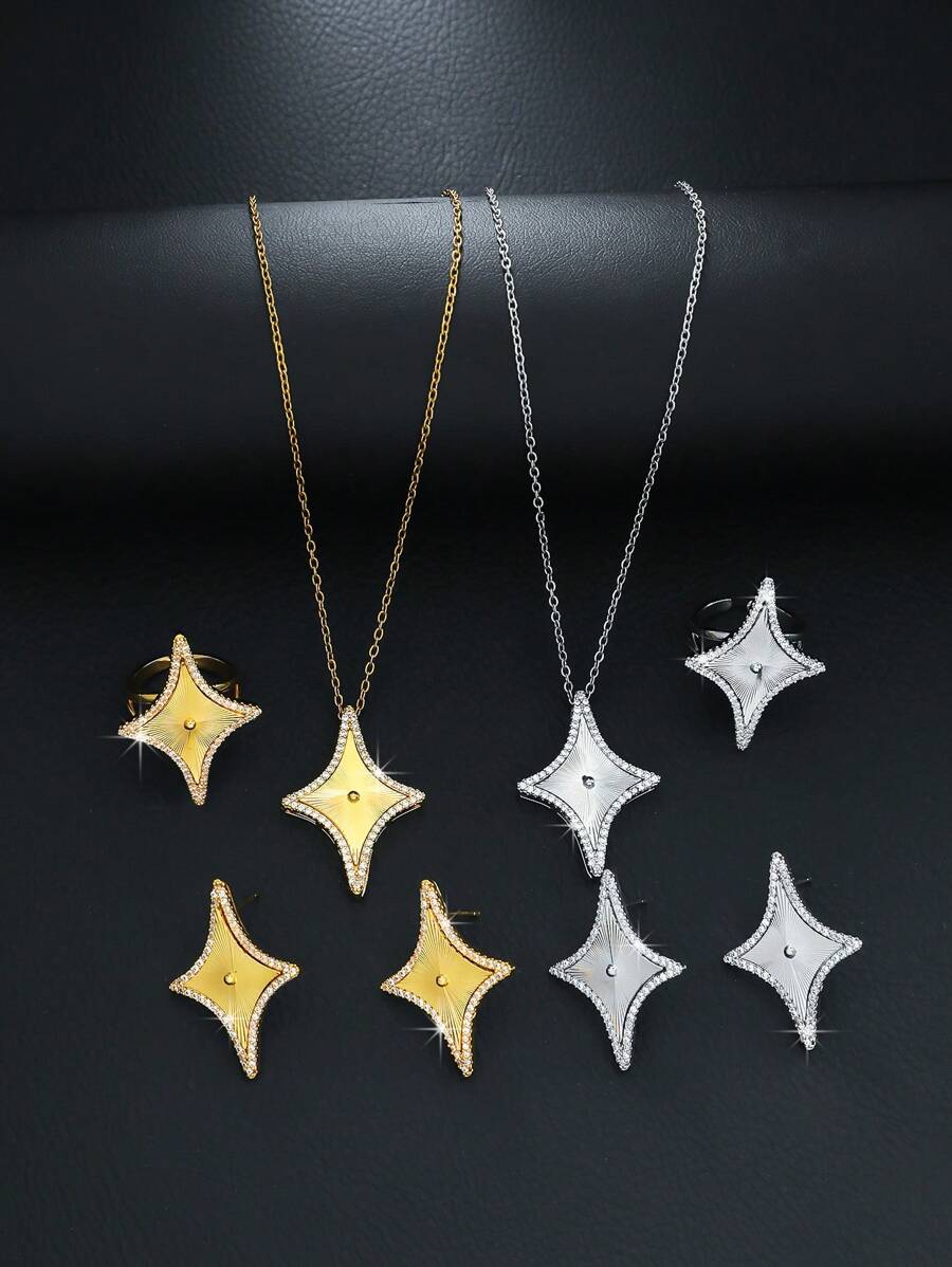 4pcs Elegant 18K Gold Plated Four-Pointed Star Jewelry Set For Women, Including Stud Earrings, Ring And Choker Necklace, Copper Base, Fashionable Jewelry For Women, Ideal For Daily Wear & Gifting, Perfect For Valentine'S Day