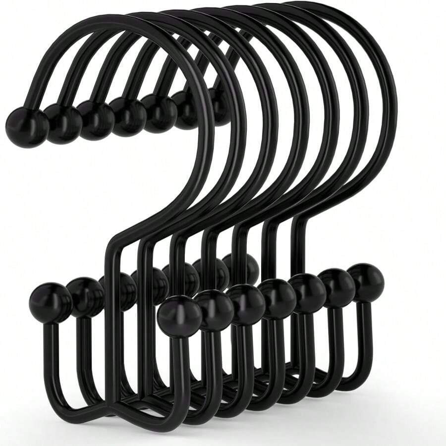 24 Pcs Shower Curtain Hooks, Goowin Shower Curtain Rings, Durable Rust Proof Black Shower Curtain Hooks, Shower Rings For Curtain, Double Glide Shower Curtain Hooks For Shower Curtain Rods, Black