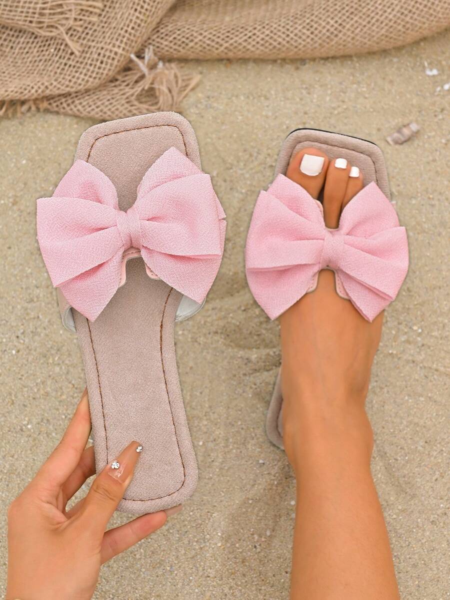 2025 New Flat Plus Size Fashion Elegant Ladies Shoes, Square Toe Cute Bowknot Super Soft Vacation Vibe Pink Sandals, Slip-Resistant Beach Slippers