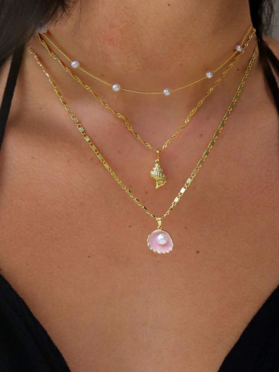 3pcs European Style Multi-Layer Faux Pearl & Shell Pendant Necklace, Bohemian Metal Snake Chain Necklace For Women, Versatile Layered Choker Necklace Suitable For Beach And Vacation Wear