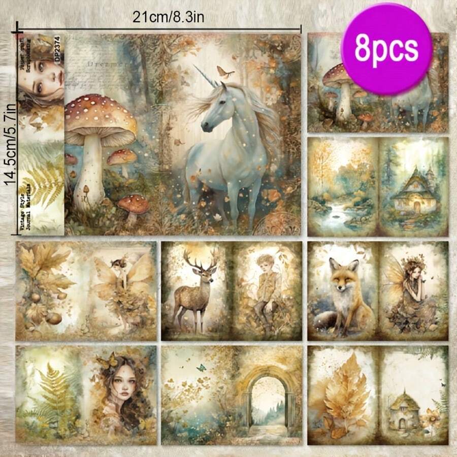 8 Stücke Einhorn Wald Wunderland Hirsch Ästhetik Sammelalbum Papier A5 Muster Einseitig bedrucktes Sammelalbum Decoupage Papier Block für DIY Basteln Journaling Sammelalbum Zubehör Geschenkverpackung Album Kunst Dekorative Bastelpapiere