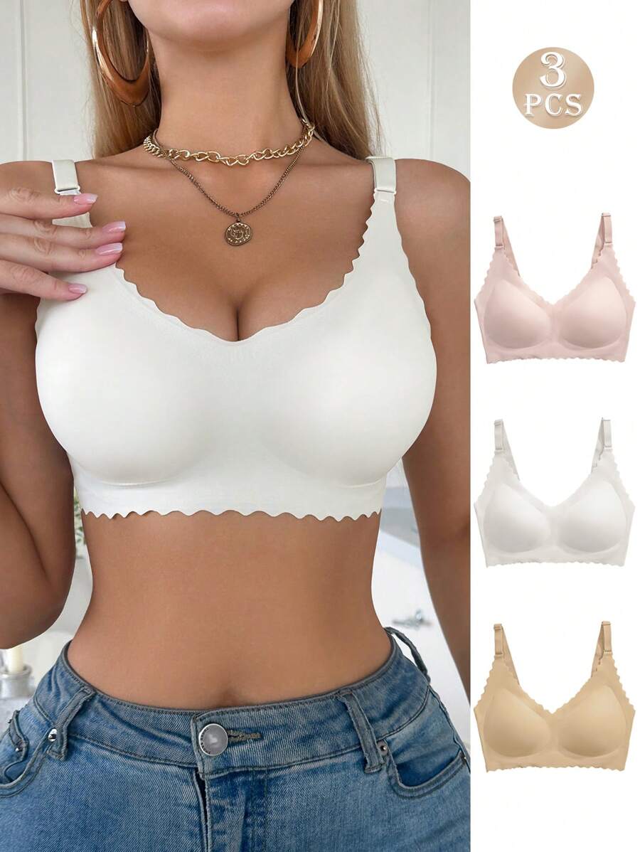 3 Stück/Set Drahtlose Damen Sport-BHs mit Bandeau-Wellen-Saum, bequeme breite Träger nahtlose BHs