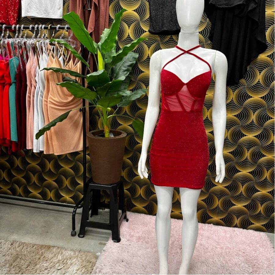 Vestido Lurex Feminino, Brilhoso Vermelho Detalhe Em Tule.