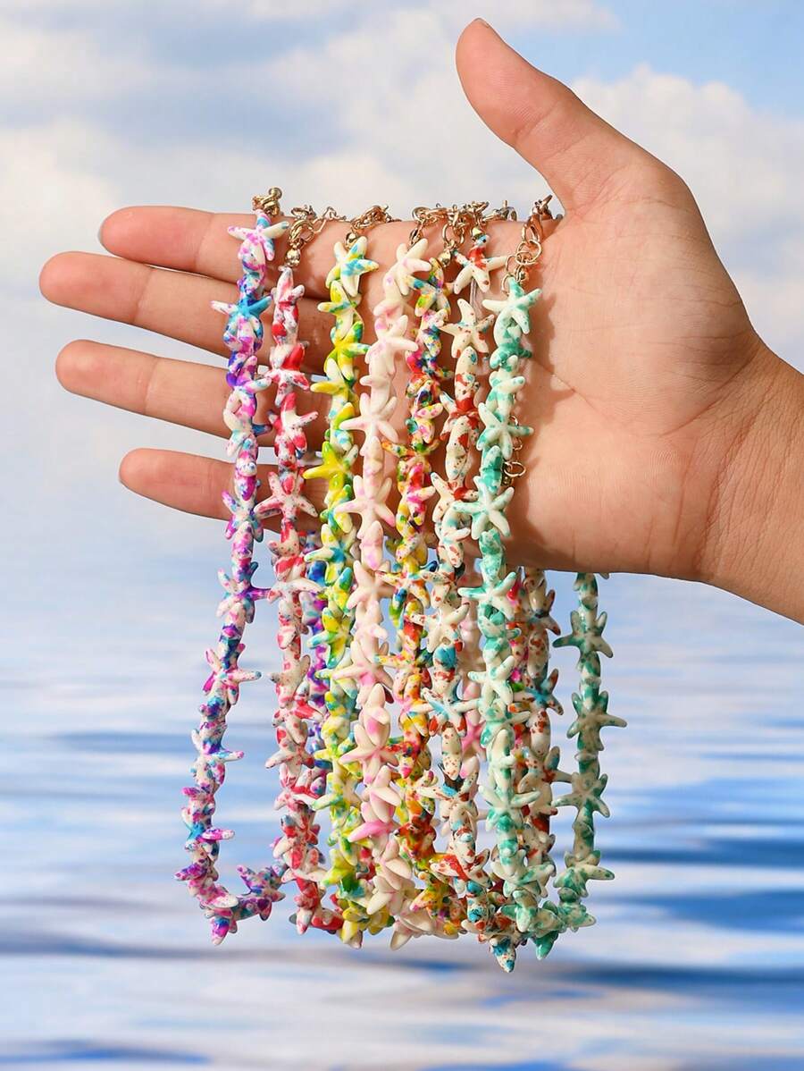 1/2/3/6/9pcs Multi-Color Natural Shell Asymmetrical Stone Sea Star Necklace Bracelet Set, Suitable For Women Spring/Summer Daily, Beach, Holiday & Casual Wear