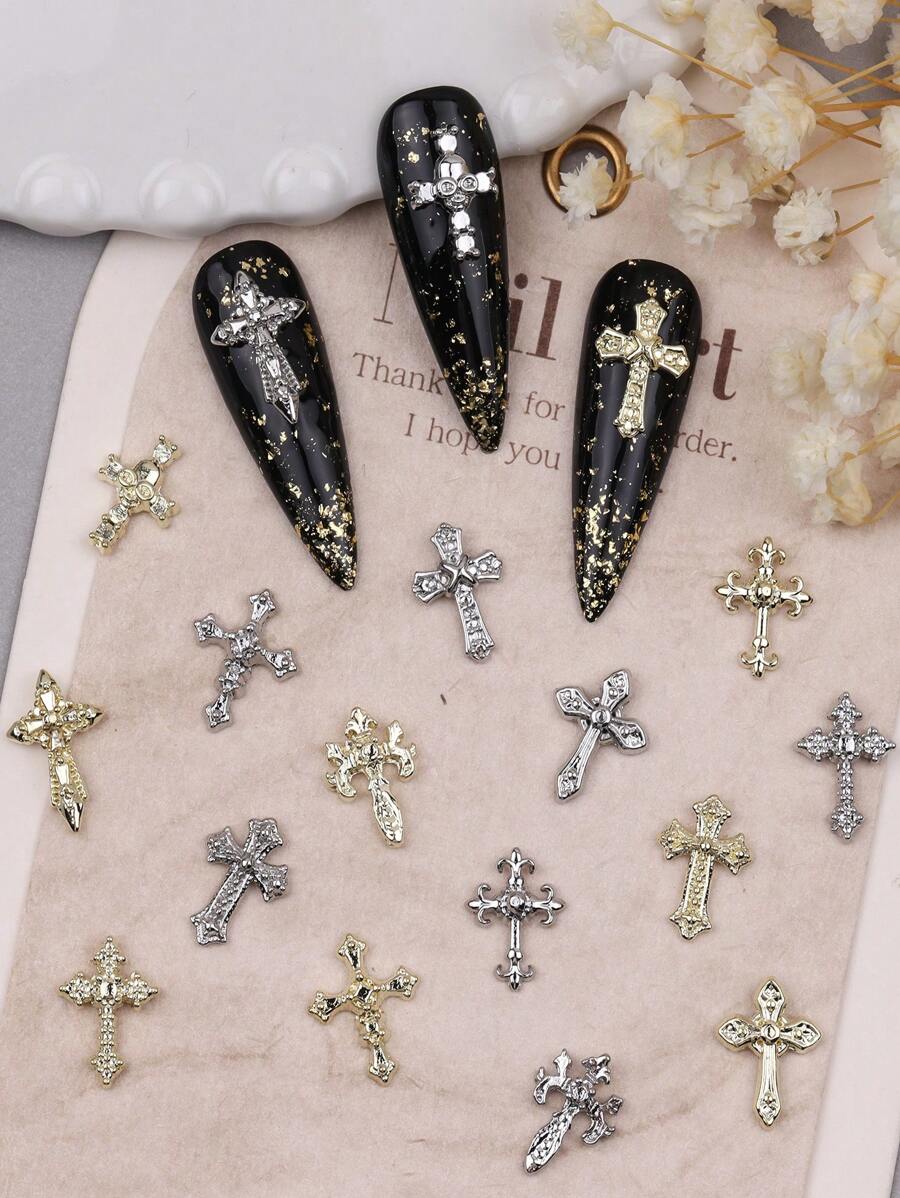 30pcs Punk Cross Nail Decoration Fashion Cool Girl Accessories Gold And Silver Random Mixed Set Nail Supplies Nail Accessories