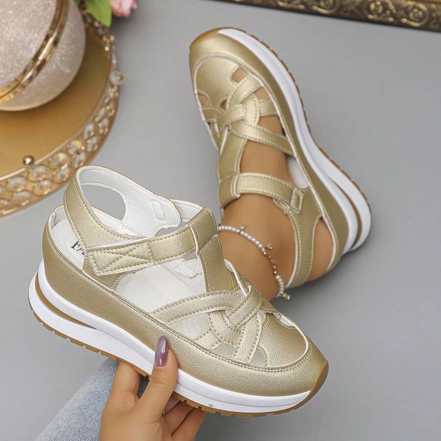 1 Pair Women Summer Casual Platform Sandals, Hook & Loop Closure Easy Slip On, Thick Soft Sole Anti-Slip Hidden Wedge Heels Ladies Sandals