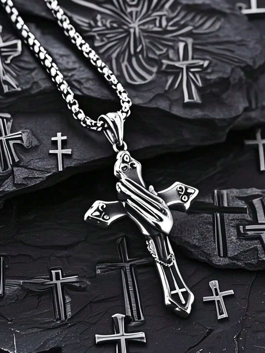 Collar con colgante de cruz de manos en oración de estilo vintage plateado envejecido, accesorio versátil para hombre, regalo para el Día del Padre