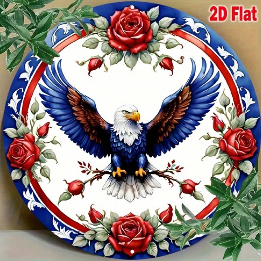 1pc Blue, Red, White Eagle Wreath Logo, Round Metal Wreath Logo, Wreath Logo, Patriotic Logo, 4th Of July (20x20cm) Decor Sign, Hole Style Randomly