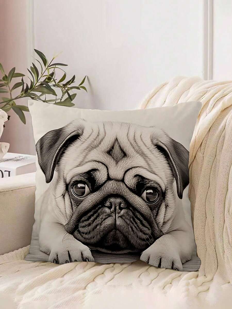 Washable Pug Cushion Cover | Modern Style, Zipper Closure, Woven Polyester, Decorative Pillow Case, Suitable For All Room Types - Without Filling (Pillow Insert Not Included)