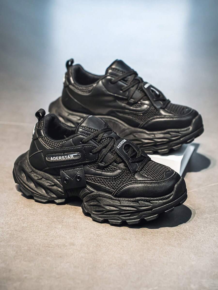 Men's Chunky Sneakers, Multi-Color Leather & Mesh Patchwork Thick Sole, Anti-Slip Casual Shoes For Outdoor, Street Style, Travel, Short Stature, Campus, Daily Wear, 2025 Fashion Versatile High-End Pure Black Shoes