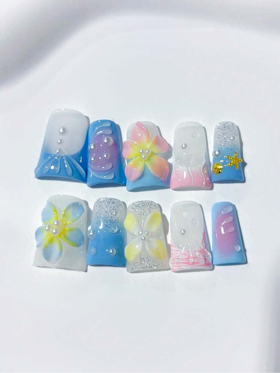 10 peças de unhas de verão estilo bico de pato azul praia oceano unhas francesas feitas à mão, com frangipani rosa, estrela do mar, concha, decoração de pérolas, frangipani azul, glitter prateado; suprimentos para unhas, unhas caseiras, unhas postiças de acrílico faça você mesmo; adequadas para feriados, festas, uso diário; inclui 1 folha de cola gelatinosa e 1 mini lixa