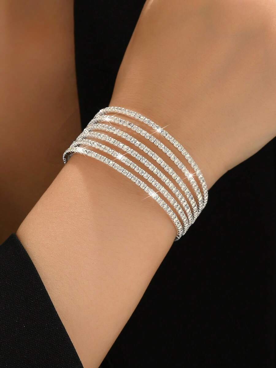 1 Pc 6-Layer Rhinestone Encrusted Bracelet, Suitable For Women Party, Travel, Shopping, Everyday Use