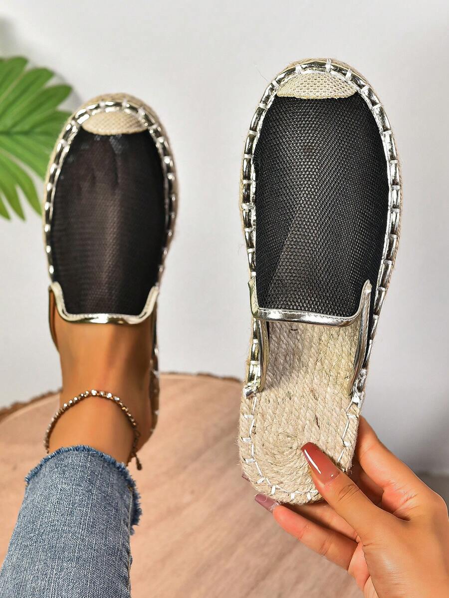 Women's Fashion Flat Woven Straw Shoes, Spring/Summer New Fisherman Shoes, Black Flat Slip-On Shoes With Rope Sole