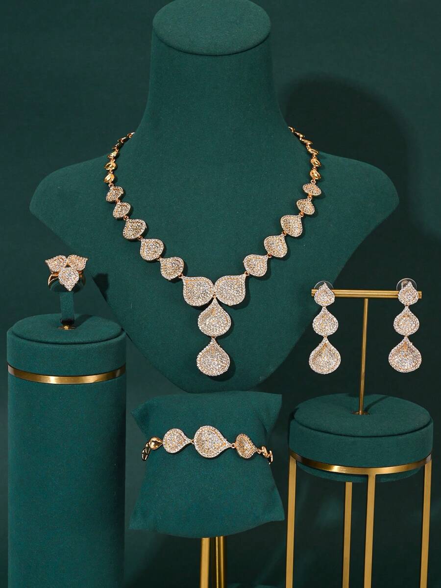 4 pièces Ensemble de collier, bracelet, boucles d'oreilles et bague de mariage de soirée de luxe Dubaï, décoration de mariée saoudienne avec design en zircone et goutte d'eau à gland