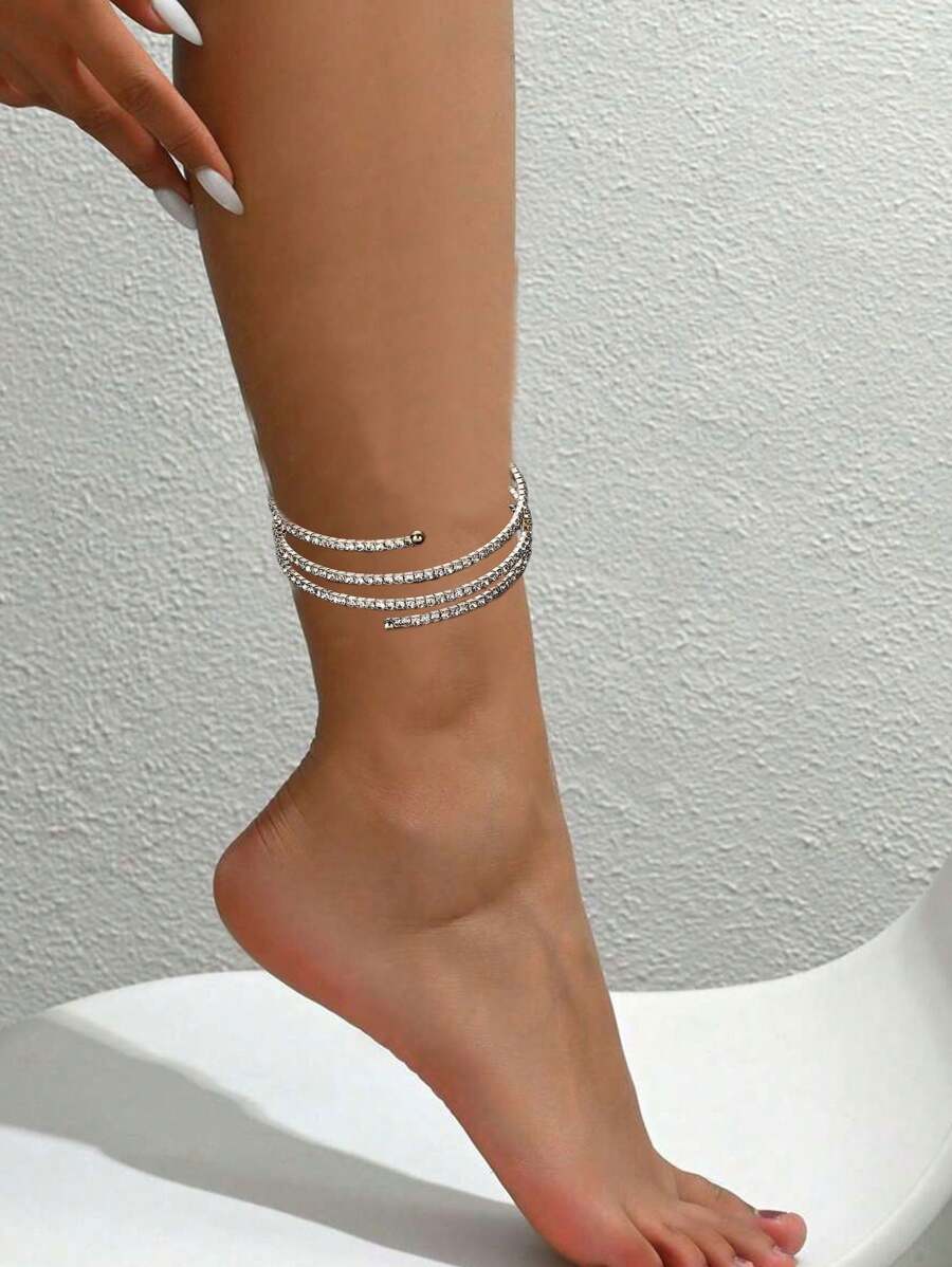 1pc Simple Flexible Rhinestone Leg Foot Chain Anklet For Women, Elegant Vintage Layered Foot Jewelry Can Be Wrapped And Styled Freely, Suitable For Daily Wear And Summber Beach Holidays Gift