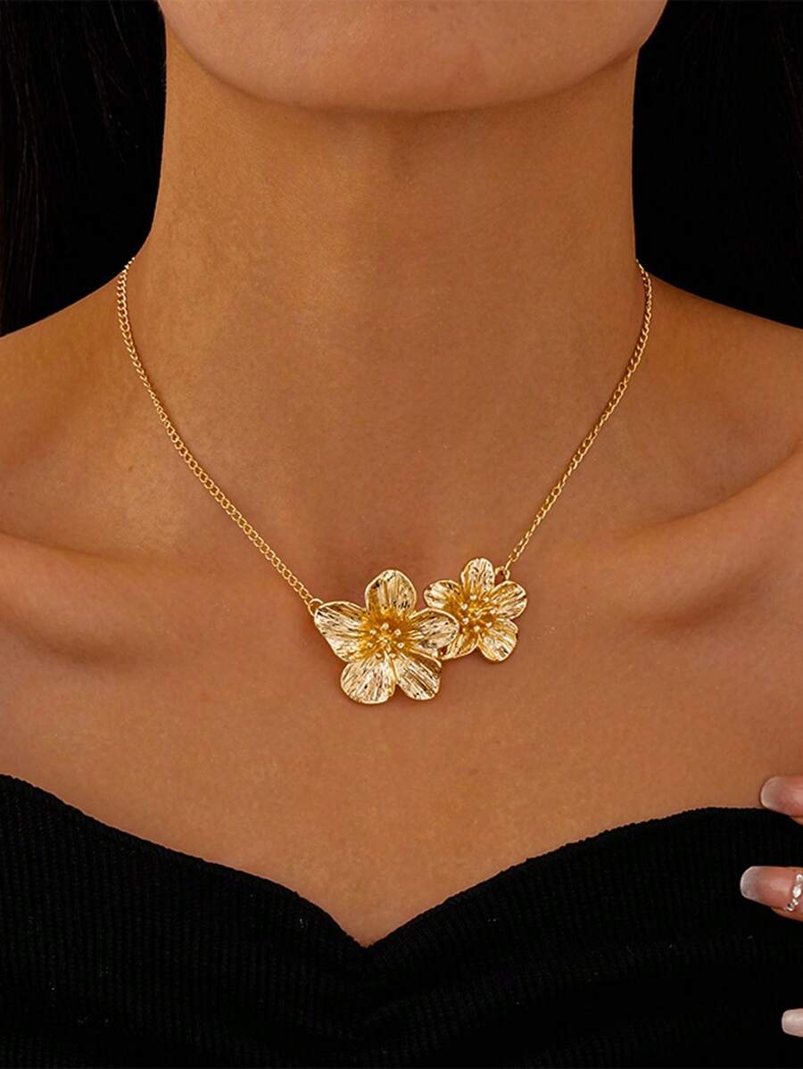 1 colar com pingente de flor plissado de metal estilo europeu vintage