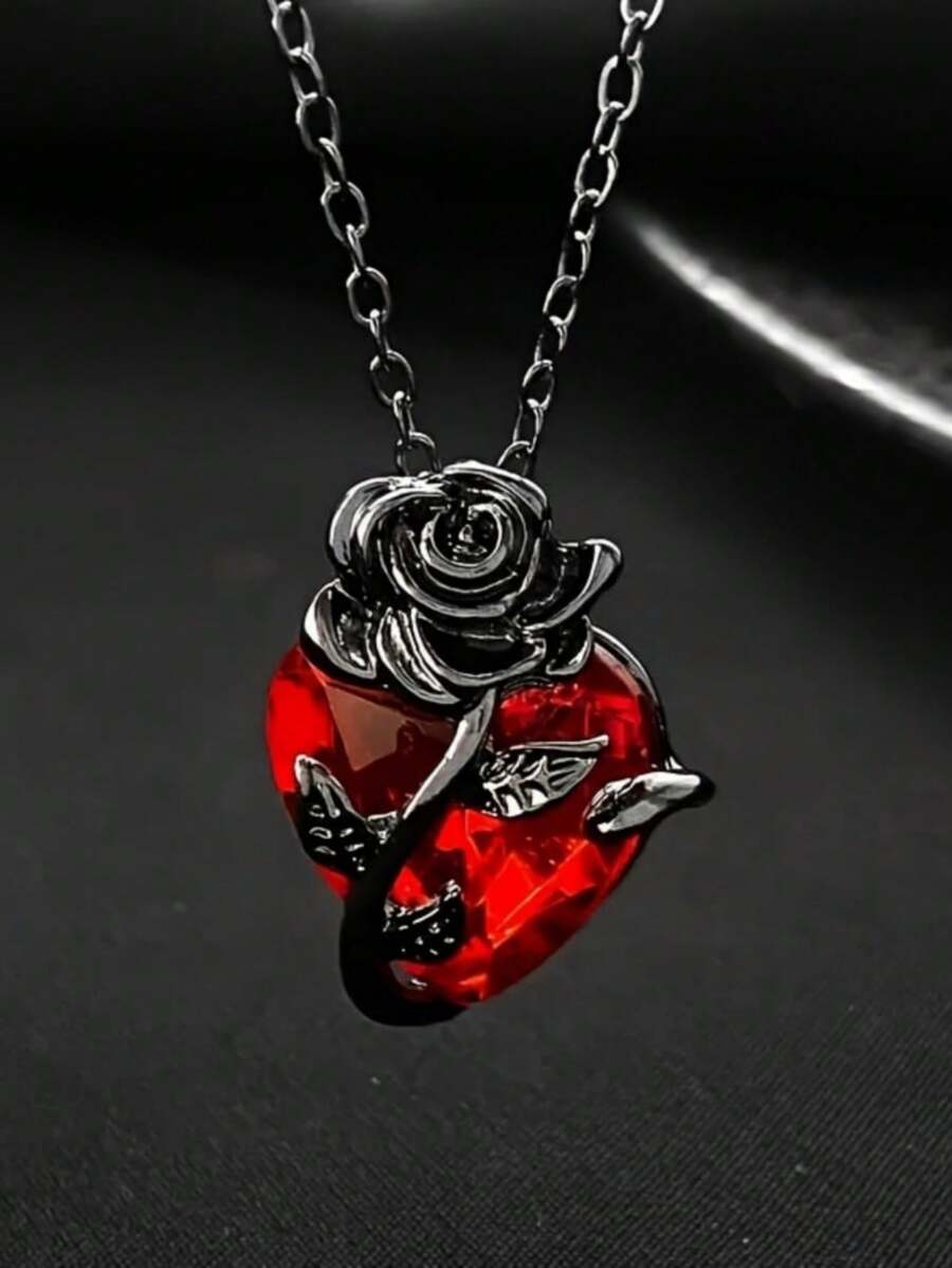 Collar colgante con corazón gótico rojo y rosa - Estilo punk rock, con cubic zirconia, regalo perfecto para hombres