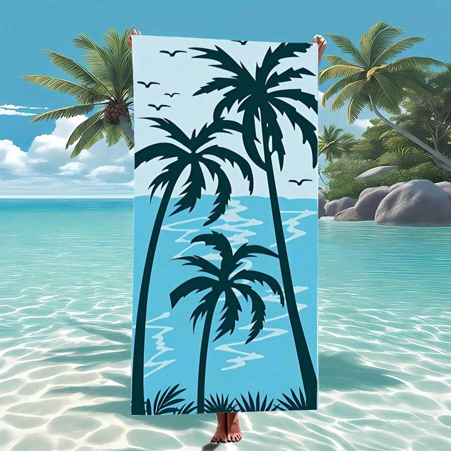1 pieza Toalla de playa tropical, de secado rápido de fibra ultrafina, suave y absorbente, toalla de viaje con estampado de árbol de palma, lavado a mano, poliéster, rectangular, adecuada para piscina, yoga, deportes, regalo universal de vacaciones, artículos esenciales de playa