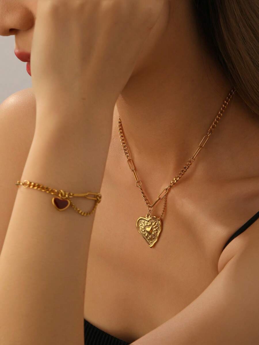 2pcs Elegant Vintage Embossed Heart Stainless Steel Women Necklace & Bracelet Jewelry Set, High Quality, Non-Fading, Non-Allergic