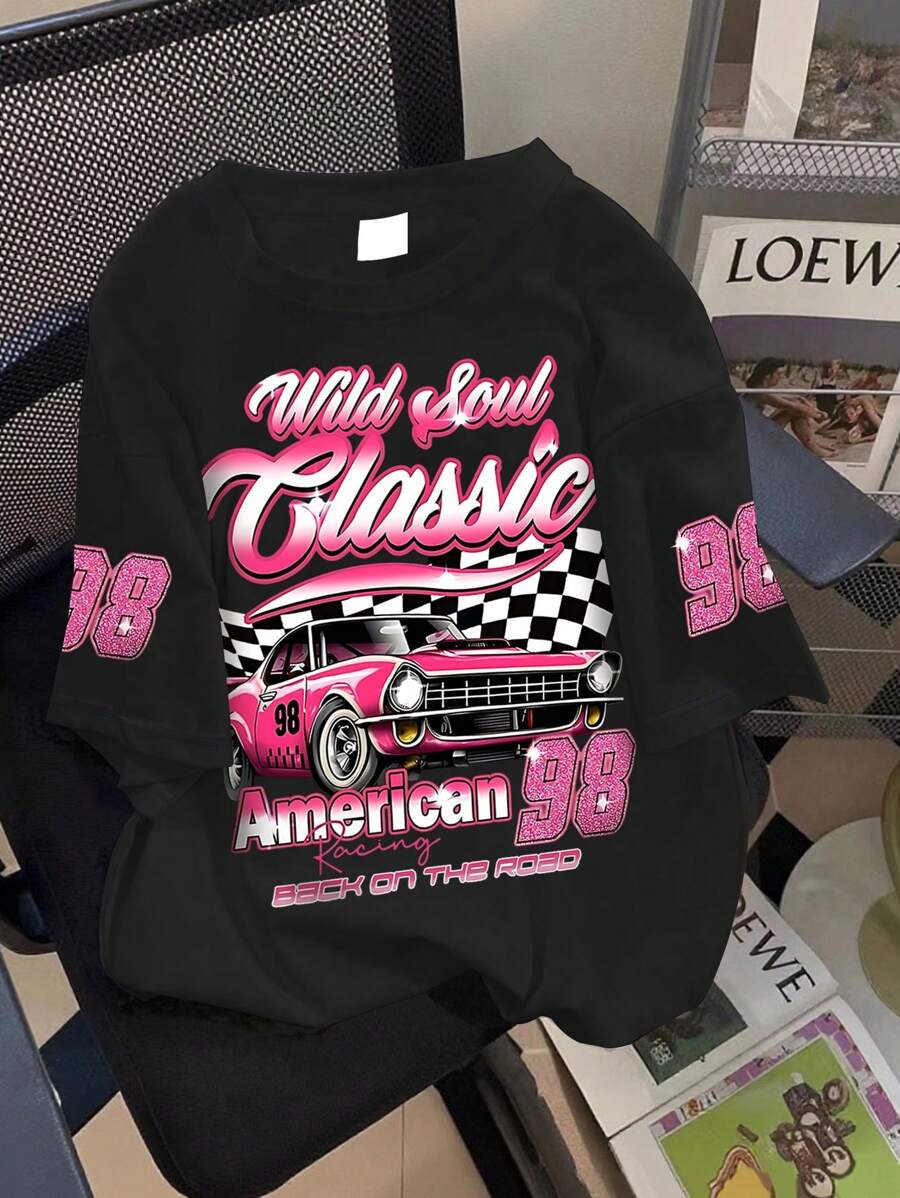 Camiseta con estampado de coche de carreras para niña preadolescente, top casual cómodo y versátil de verano, adecuado para uso en casa, salidas