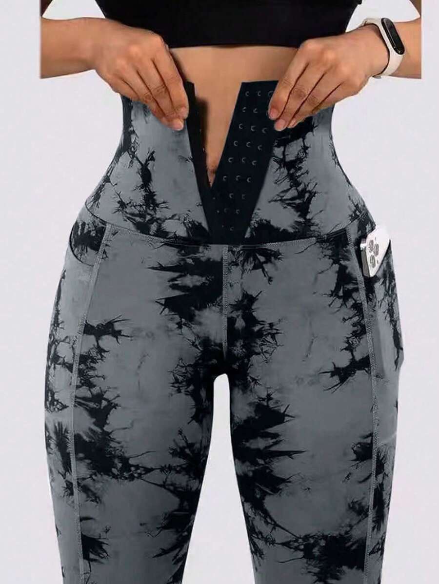 1pc Women High Waist Tie-Dye Random Print Pocket Buttoned Sports Yoga Pants, Outdoor Cycling Running Tennis Leggings, Tummy Control Shapewear