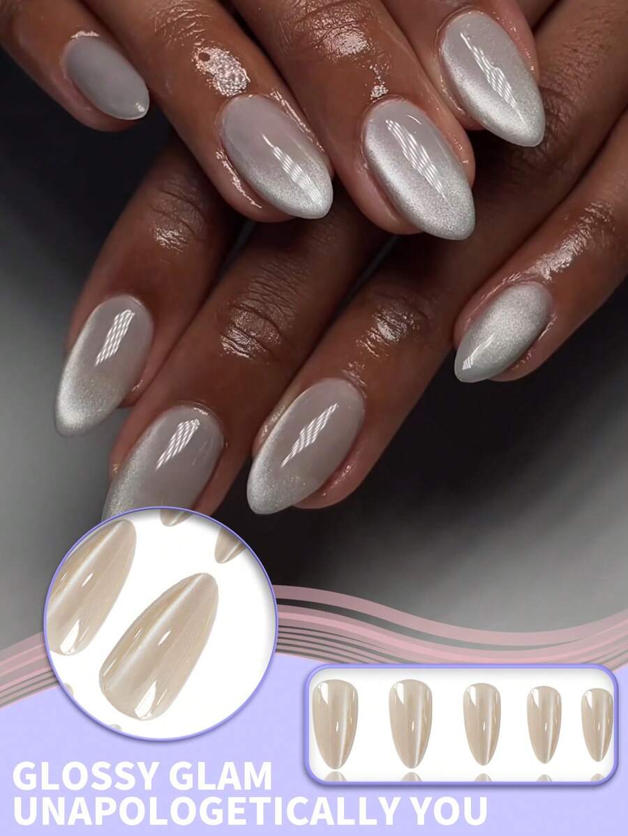 Juego de 24 uñas postizas de forma almendrada y cortas con acabado perlado brillante y construcción resistente. Incluye pestañas autoadhesivas y lima de uñas. Proporciona instantáneamente un brillo y una fuerza de calidad de salón, perfecto para la oficina o el uso casual.