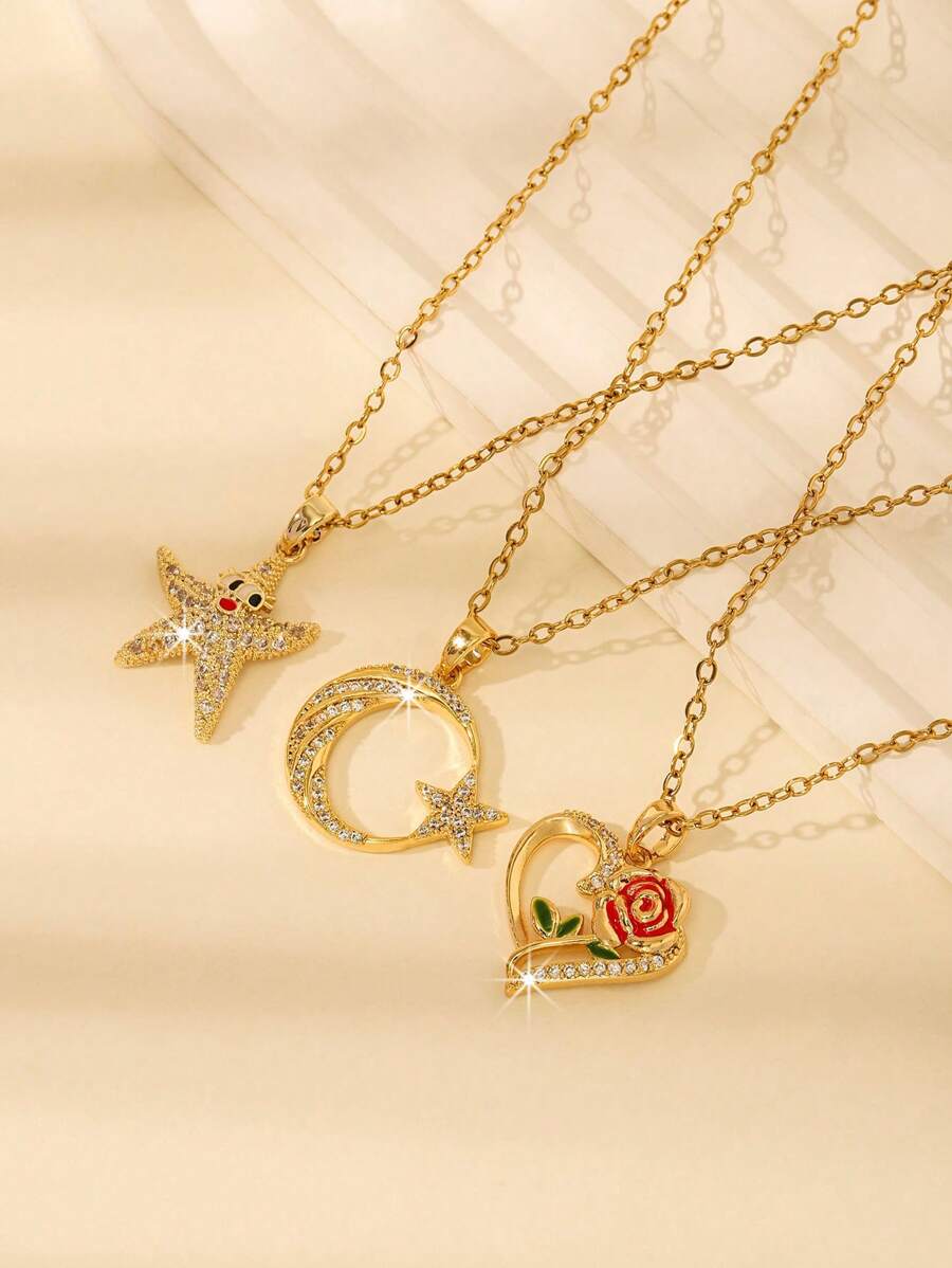 1 pièce Collier minimaliste de mode pour femmes avec design étoile de mer, cœur et étoile, décoré de zircone cubique brillants et de gouttelettes colorées, convient pour un usage quotidien, les festivals, la plage, les voyages