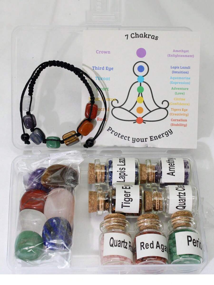 15pcs/Set Natural Crystal Chakra Stone Set, Includes Natural Rolled Stones & Crushed Stones, Meditation Bracelet Suitable For DIY Gift Making